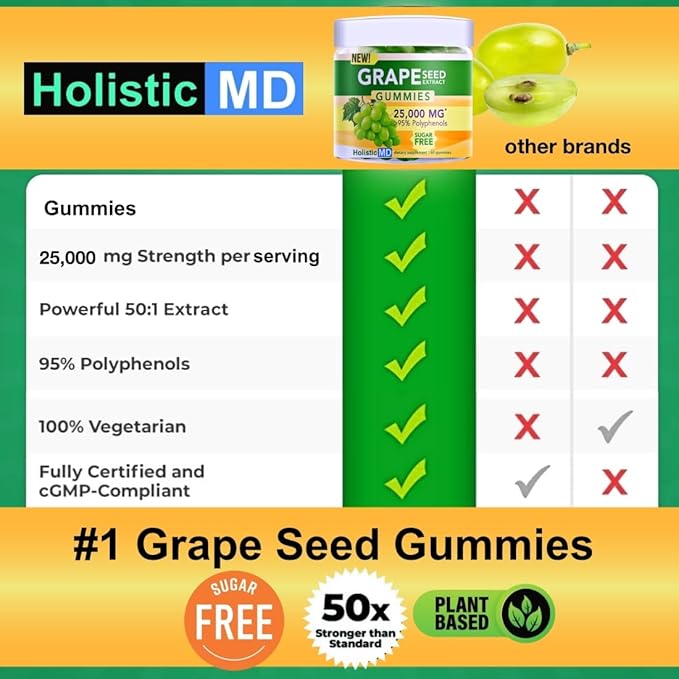 Grape Seed Extract Gummies | Grape Seed Oil 25,000 mg 50x Original | >95% Polyphenols | #1 Grape Seed Gummies in USA | Sugar Free Vegan | Grape Flavor 60 ct