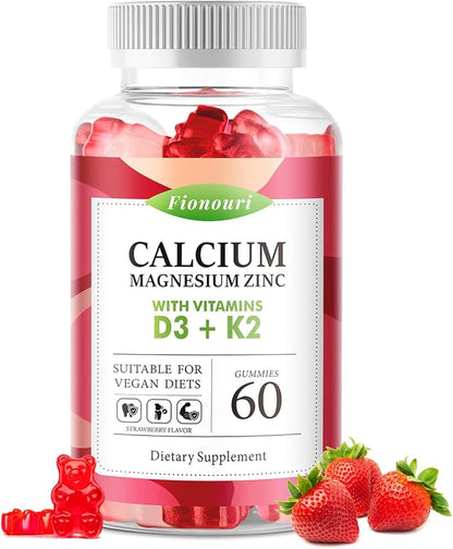 Calcium Magnesium Zinc Gummies with Vitamin D3 & K2 - High Potency Enhanced Absorption -60 Strawberry Gummies Flavored