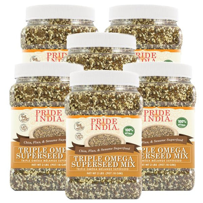Pride Of India - PACK of 6 - Triple Omega Superseed Mix - Protein, Fiber, Calcium, Iron, Omega-3, Omega-6, Thiamin Rich Superfood w/Chia Flax & Sesame Seeds, 2 lbs Jar