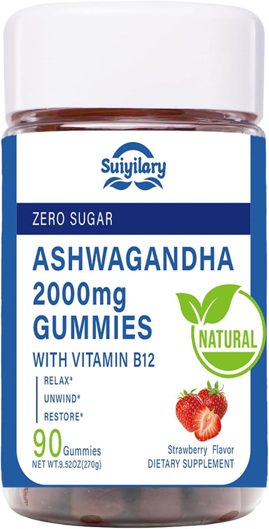 Ashwagandha Gummies 2000mg, Ashwagandha High Strength Root Extract Supplement with Vitamin B12 for Men Women, Strawberry Flavour 45 Days Supply 90 Gummies