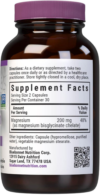 Bluebonnet Nutrition Albion Chelated Magnesium Vegetable Capsule, 200 mg, Stress Relief, Vegan, Non GMO, Gluten Free, Soy Free, Milk Free, Kosher, 60 Vegetable Capsule, 1 Month Supply