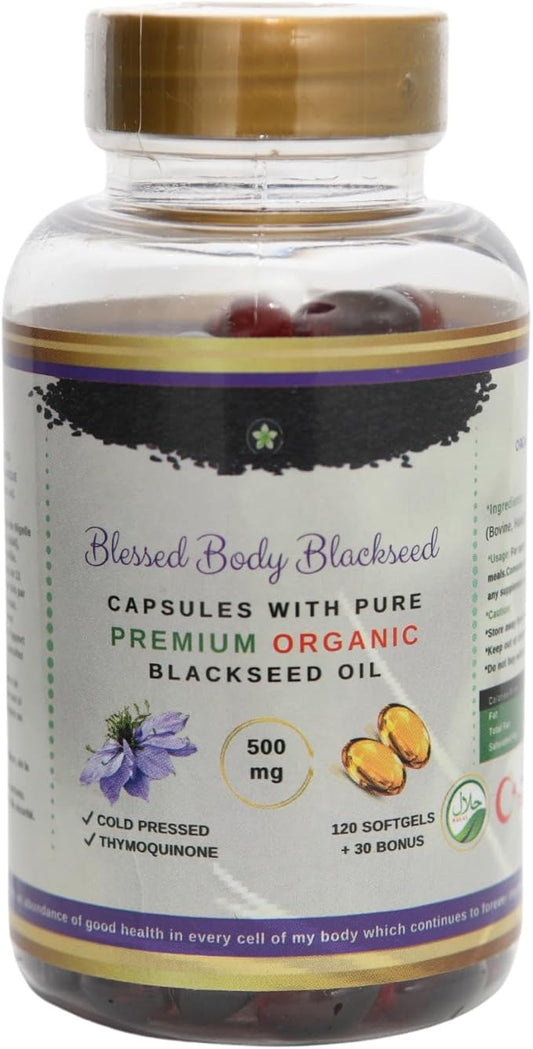 Black Seed Oil Capsules Halal Organic 120 Softgels Cold Pressed Thymoquinone - Turkish - Black Cumin Nigella Sativa Non-GMO Halal Gelatin & Glycerin 100% Pure Oil 500 mg - Blessed Kalonji Oil