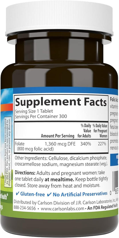 Carlson - Folic Acid, 800 mcg, Provides Important Prenatal Support, 300 tablets