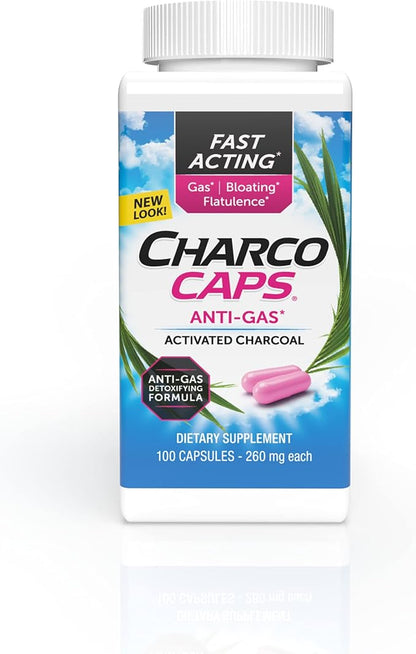 Fast Acting Gas Relief for Bloating & Flatulence, Drug Free Detoxifying Activated Charcoal Formula, 100 Capsules, 30 Day Supply, Pink