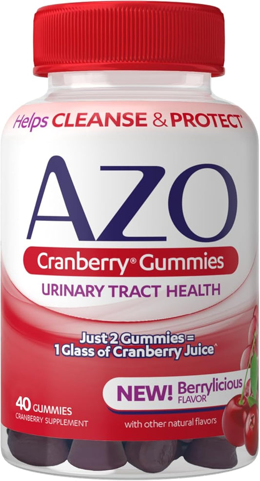 AZO Cranberry Urinary Tract Health Gummies Dietary Supplement 2 Gummies = Glass Cranberry Juice Helps Cleanse Protect Natural Berrylicious Flavor Gummies, Non-GMO, 40 Count