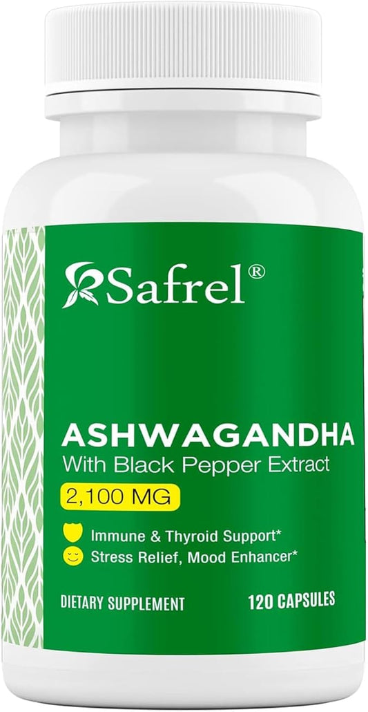 Safrel Ashwagandha 2,100 mg - 120 Vegan Capsules, High Potency, Non-GMO, Gluten Free Supplement
