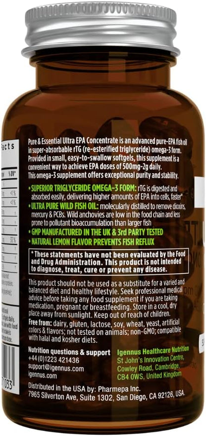 Igennus Ultra Pure Omega-3 EPA 500mg, Highly Concentrated IFOS Certified Wild Fish Oil, Advanced rTG Triglyceride Form, Non-GMO, 90 Small Softgels