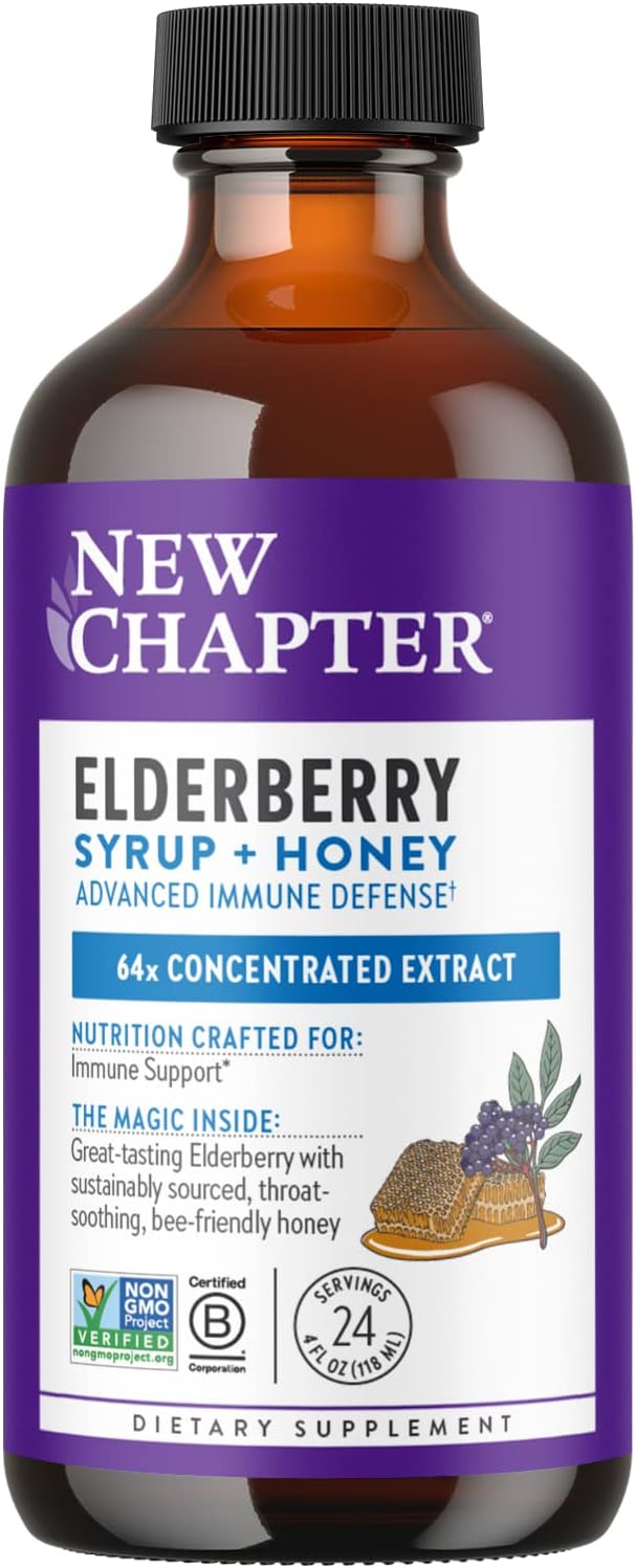 New Chapter Elderberry Syrup, 24 Servings, Immune Defense for Adults & Kids (2+), 64x Concentrated Black Elderberry + Throat-Soothing Grade A Honey, Non-GMO Project Verified, Gluten Free