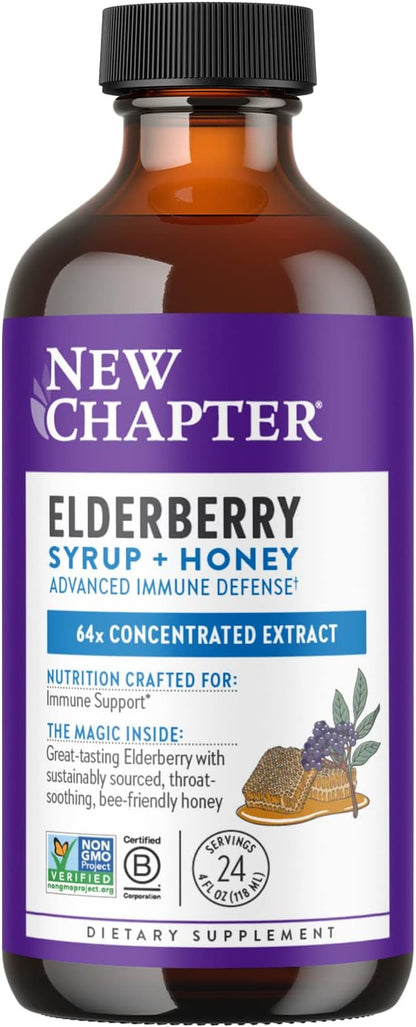 New Chapter Elderberry Syrup, 24 Servings, Immune Defense for Adults & Kids (2+), 64x Concentrated Black Elderberry + Throat-Soothing Grade A Honey, Non-GMO Project Verified, Gluten Free
