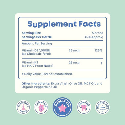 JoySpring Vitamin D3 Kids Drops with K2 – Liquid Supplement for Calcium Absorption & Joint Health – 360 Servings (2 fl oz) – Vitamin D Kids Ages 3-18