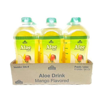 Alfa Vitamins Aloe Vera Drink Original Flavor - Natural Pulp - 34 Ounce - 6 Pack (Mango)