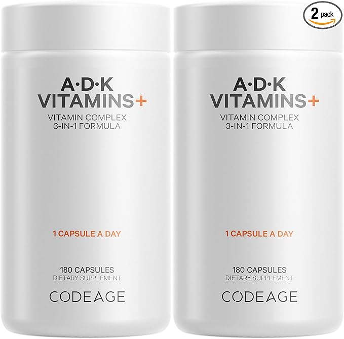 Codeage ADK Vitamins Supplement - Essential Vitamin A, D3 5000 IU, K1 & K2 (MK4 & MK7) - 6-Month Supply - 1 Capsule per Serving, Non-GMO, Gluten-Free - 2-Pack