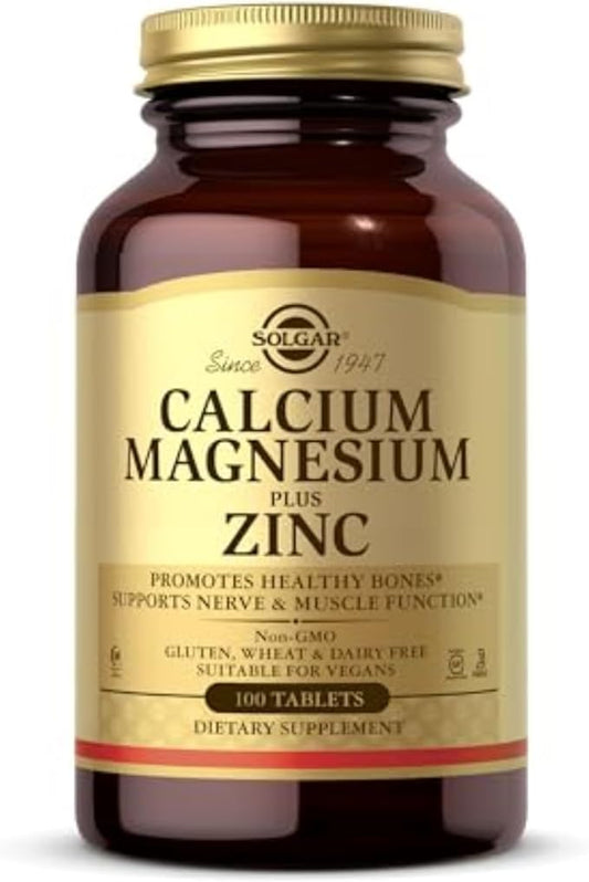 Solgar Calcium Magnesium Plus Zinc, 100 Tablets - Promotes Healthy Bones and Teeth - Supports Nerve & Muscle Function - Non GMO, Vegan, Gluten Free, Dairy Free, Kosher, Halal - 33 Servings