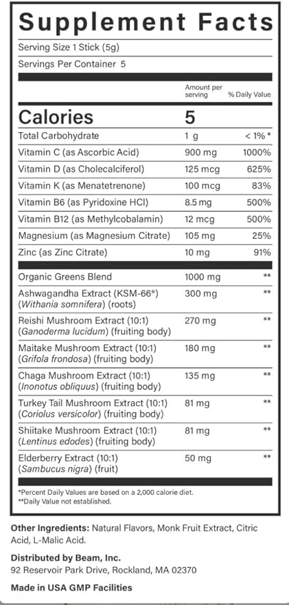 Beam Greens Powder, Greens Superfood Powder, Greens Supplement for Gut Health, Vegan, Non GMO Organic Greens Blend, Daily Greens with Ashwagandha, Vitamin C, B12, B6, D, Strawberry Kiwi, 5 Servings