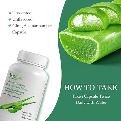 AloeCure Organic Aloe Vera Capsules, 130,000mg Inner Aloe Leaf Equivelant per Serving, Support Gut, Digestive, & Immune Health, Helps Maintain Balanced Stomach Acidity, Aloin Free, 60Caps x 2Btl
