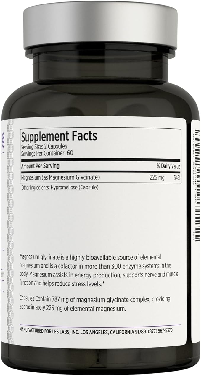 LES Labs Magnesium Glycinate – Supports Restful Sleep, Heart Health, Stress Relief, Metabolism, Nerve & Muscle Function, Gentle on The Digestive System – Non-GMO Supplement – 120 Capsules