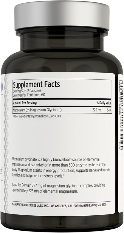 LES Labs Magnesium Glycinate – Supports Restful Sleep, Heart Health, Stress Relief, Metabolism, Nerve & Muscle Function, Gentle on The Digestive System – Non-GMO Supplement – 120 Capsules