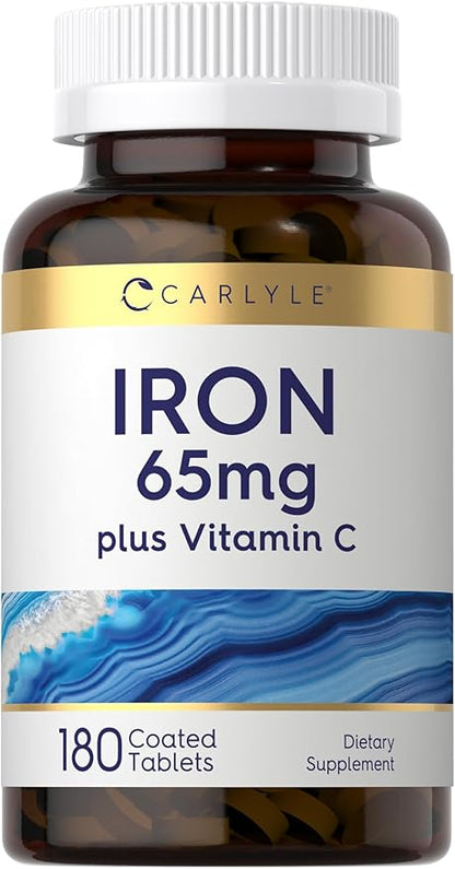 Carlyle Iron Supplement 65 mg with Vitamin C | 180 Tablets | 300mg of Vitamin C | Vegetarian, Non-GMO and Gluten Free