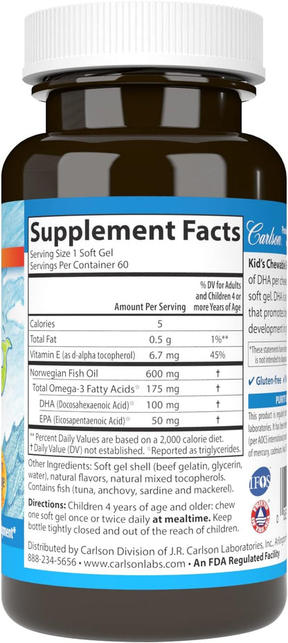 Carlson - Kid's Chewable DHA, 100 mg DHA, Brain & Vision Function, Growth & Development, Orange, 60 Chewable Softgels