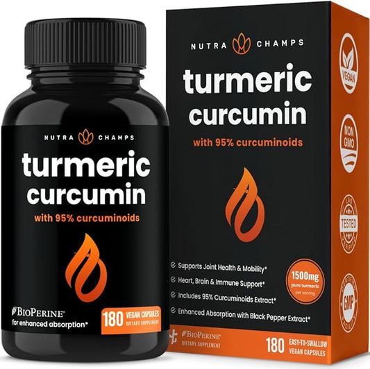 NutraChamps Turmeric Curcumin with Black Pepper Extract 1500mg, 95% Curcuminoids Extra Strength Turmeric Supplement for Joint Health, Brain, Heart & Immune Support, 180 Turmeric Capsules