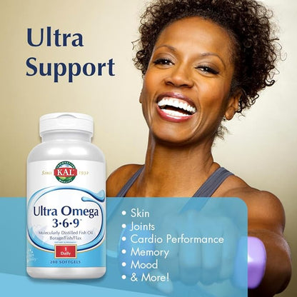 KAL Ultra Omega 3-6-9 1200mg | Fish Oil w/Cold Pressed Flaxseed & Borage Oil | Skin, Hair, Heart, Memory | 200 Softgels