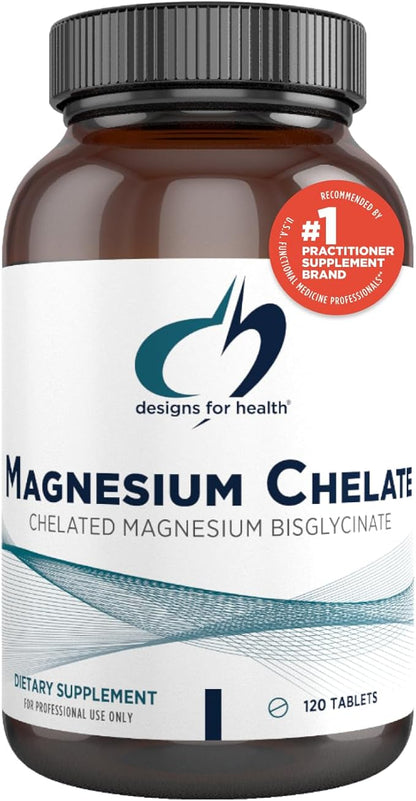 Designs for Health Magnesium Chelate Tablets - 200mg Magnesium Bisglycinate Chelate - Non-GMO Supplement Designed to be Easier on The Stomach (120 Tablets)
