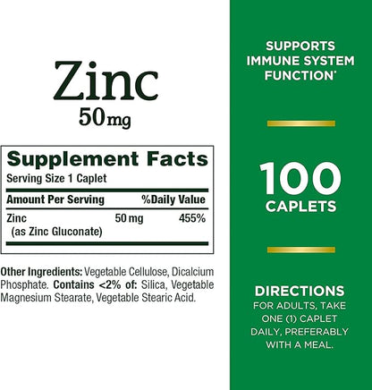 Nature's Bounty Zinc, Immune Support, 50 mg, Caplets, 100 Ct (Pack of 2)