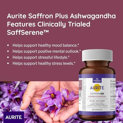 Saffron Supplement | Stress Management, Herbal Mood Support, Long-Term Memory, for Women & Men. (60 Count (Pack of 1), Saffron + Ashwagandha)