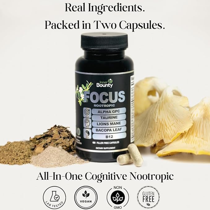 Focus 14-in-1 Nootropic Brain Supplement with Lions Mane, Alpha GPC Choline, Vitamin C & B12, Taurine, Bacopa - Energy, Cognitive, Memory Support, 60 Filler Free Capsules