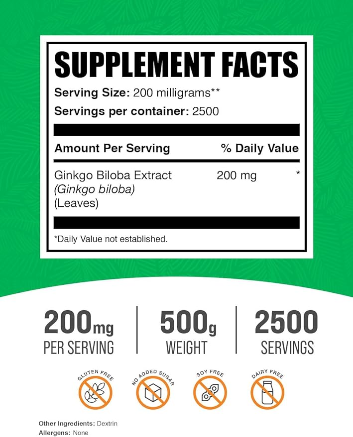 BulkSupplements.com Ginkgo Biloba Extract Powder - Ginkgo Biloba Supplements, Ginkgo Biloba Powder, from Ginkgo Biloba Leaf - Gluten Free, 200mg per Serving, 500g (1.1 lbs) (Pack of 1)