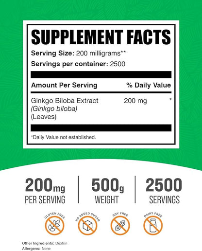BulkSupplements.com Ginkgo Biloba Extract Powder - Ginkgo Biloba Supplements, Ginkgo Biloba Powder, from Ginkgo Biloba Leaf - Gluten Free, 200mg per Serving, 500g (1.1 lbs) (Pack of 1)