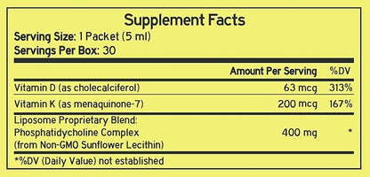 Liposomal Liquid Vitamin D3+K2 - Enhanced Potency + Accelerated Delivery for Maximum Immunity & Energy Boost - 30 Ready to Go Packets 1000mg (150ml) - Made in The USA - Non GMO - Soy Free