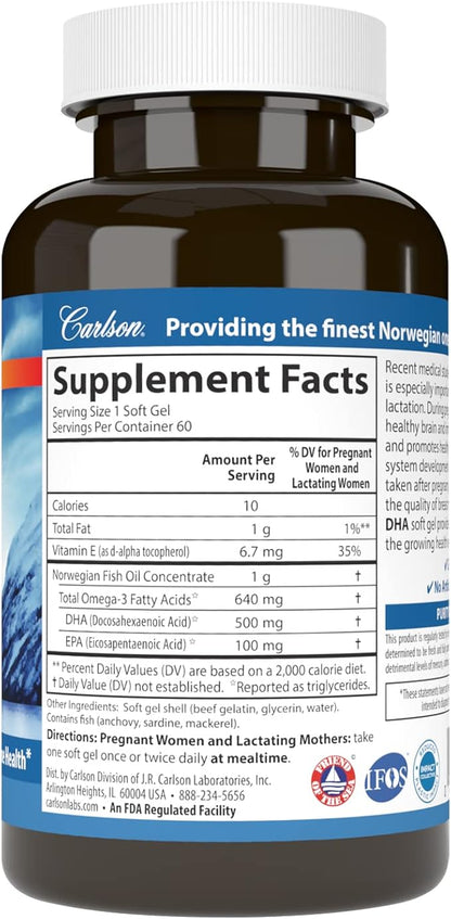 Carlson - Mother's DHA, 500 mg DHA, Prenatal Support, Fetal Development & Immune Health, 60 Softgels
