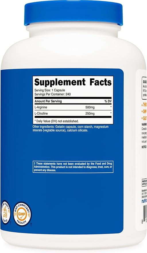 Nutricost L-Arginine L-Citrulline Complex 750mg, 240 Capsules (2 Bottles) - Non-GMO