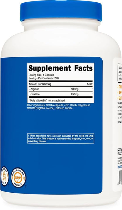 Nutricost L-Arginine L-Citrulline Complex 750mg, 240 Capsules (2 Bottles) - Non-GMO