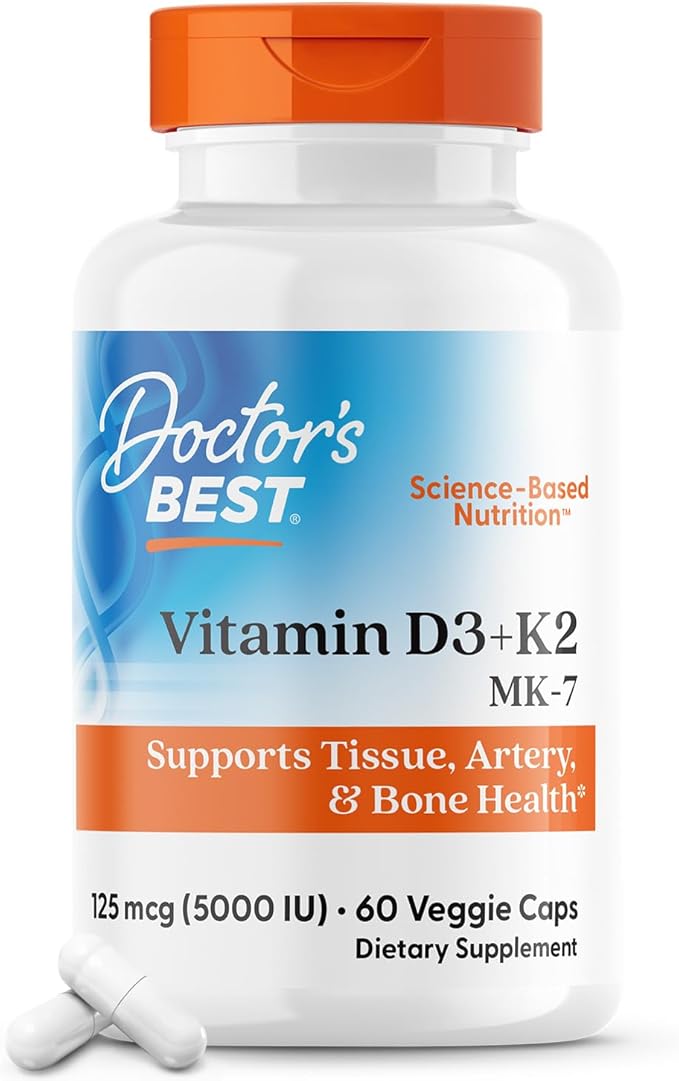 Doctor's Best Vitamin D3 + K2 (Vitamin K2 as MK-7), Supports Bone, Tissue, & Arterial Health, Calcium Absorption • Non-GMO • Gluten Free • Vegetarian, 5000 IU, 60 Veggie Caps
