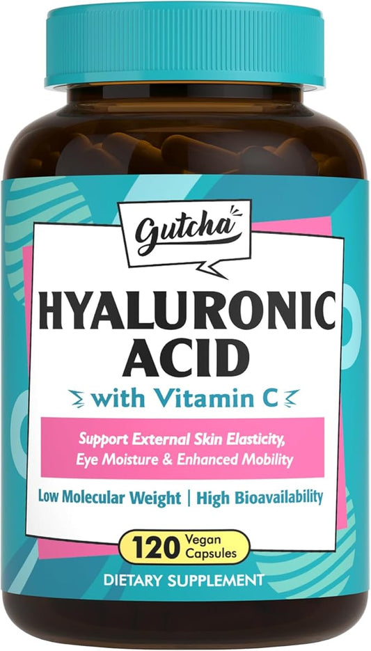 Gutcha Hyaluronic Acid, Ultra Strength with Vitamin C, Low Molecular Weight, High Stability & Bioavailability, Anti-Aging Formula for Skin & Eyes, Vegan, Once Daily, Non-GMO, 120 Caps