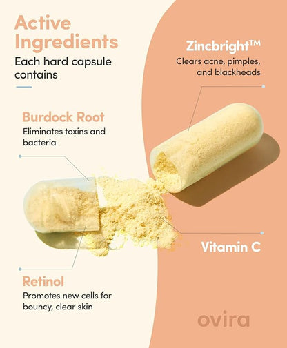 Ovira Skin Clear with ZINCBRIGHT - 60 Capsules for Clear and Glowing Skin | Rosacea & Hormonal Acne Treatment | Support Collagen Production | Acne Supplements for Women & Men - Pack of 4