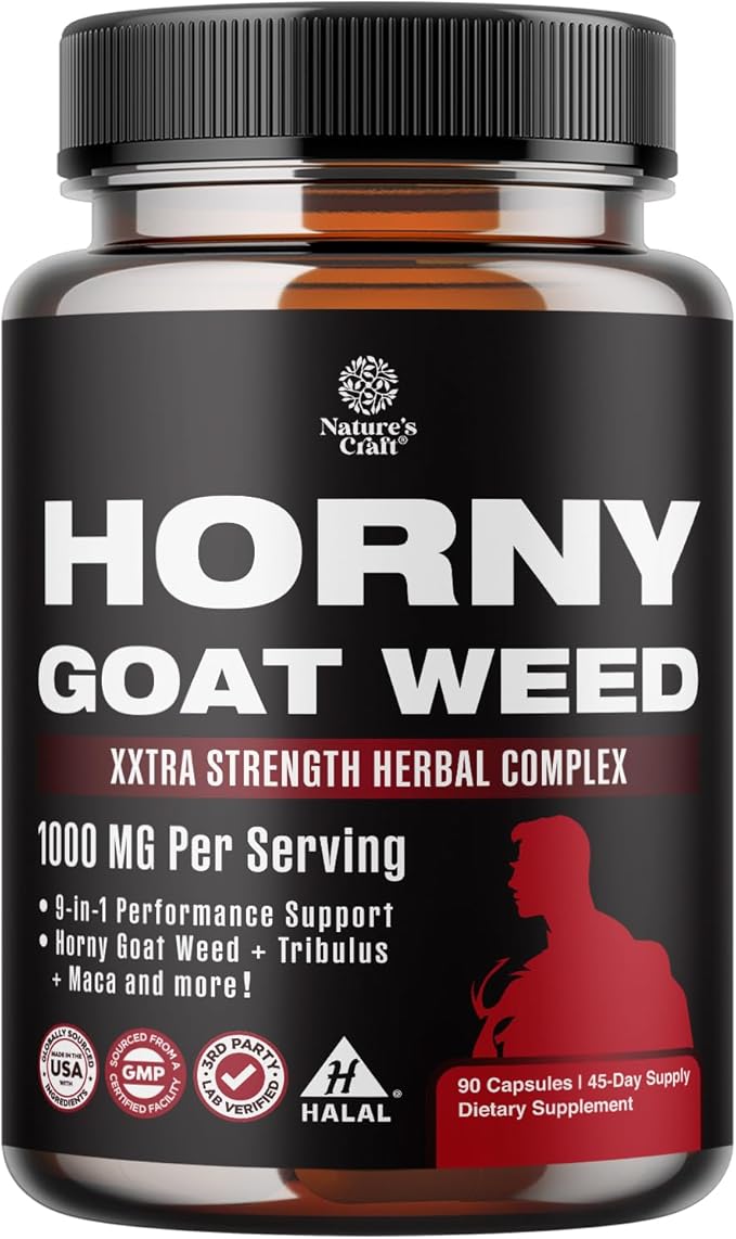 Natures Craft Horny Goat Weed for Men Enhancement - Extra Strength Male Enhancing Supplement with Black Maca Root, Tongkat Ali, Saw Palmetto & Panax Ginseng Extract for Stamina & Energy - 90 Capsules