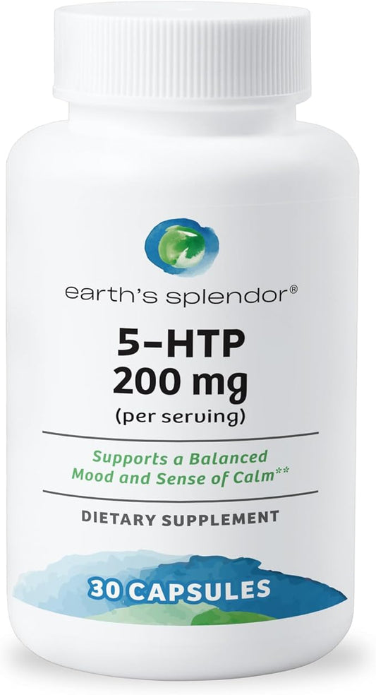 Earth's Splendor 5-HTP Dietary Supplement for Men & Women, Supports a Balanced Mood & Aids in Stress Support, Provides Sense of Calm No Artificial Preservatives Color or Flavor Non-GMO 100 MG