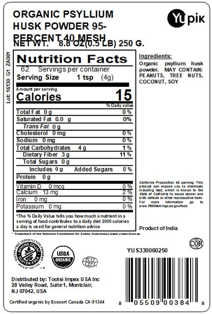 Yupik Organic Psyllium Husk Powder 8.8 Oz, 95% Purity, USDA Certified, Non-GMO, Vegan, Gluten-Free, Unflavored, Plant-Based, Coarse Milled Husk, Source of Fiber for Baking & Digestive Health
