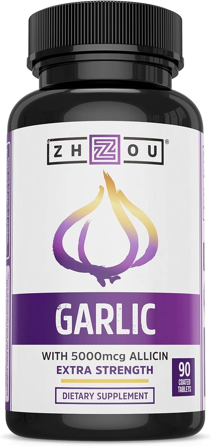 Zhou Garlic with Allicin - Garlic Supplements, Odorless Garlic Extract Pills for Men & Women, 5000 mcg Allicin Per Tablet for Immune & Heart Health - 90 Coated Tablets (Pack of 1)