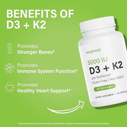 Noophoric D3 K2 Vitamin 5000 IU - Vitamin K2 100 mcg MK7, Calcium, BioPerine - Bone Health & Immune Support Supplement - Gluten-Free, Non-GMO - Vitamin D3 K2 Supplement (60 Servings)
