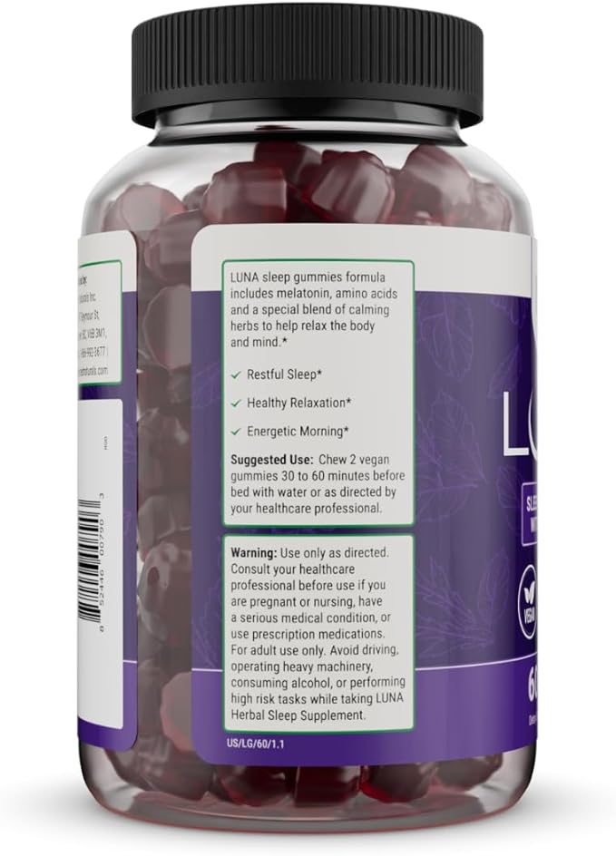 Nested Naturals Luna Sleep Gummies - Non-Habit Forming Melatonin Gummies 3mg with L-Theanine, Valerian Root, GABA, and Lemon Balm - Sleep Gummies for Adults - Mixed Berry, 60 Vegan Gummies