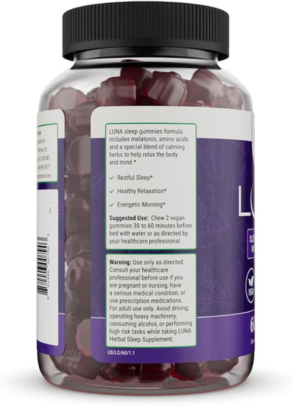 Nested Naturals Luna Sleep Gummies - Non-Habit Forming Melatonin Gummies 3mg with L-Theanine, Valerian Root, GABA, and Lemon Balm - Sleep Gummies for Adults - Mixed Berry, 60 Vegan Gummies
