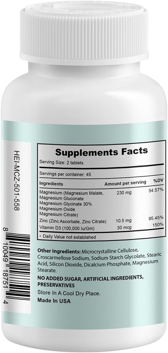 Magnesium Complex, Magnesium Glycinate, Citrate, Malate, Oxide, Gluconate with Zinc and Vitamin D3, Magnesium Supplement for Muscle, Nerve, Heart, Bone Support, High Absorption, 90 Tablets