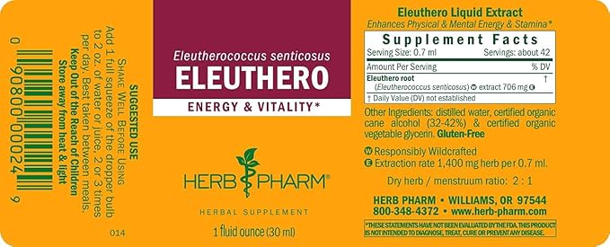 Herb Pharm Eleuthero Root Liquid Extract for Energy and Stamina, Cane Alcohol, 1 Ounce