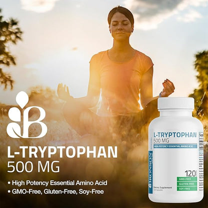 Bronson L-Tryptophan 500 MG High Potency Essential Amino Acid Supports Relaxation & Positive Mood Support Non-GMO, 60 Capsules