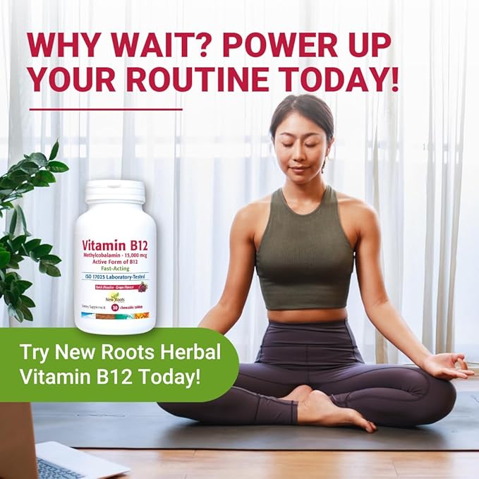 NEW ROOTS HERBAL Vitamin B12 Supplement Methylcobalamin (15000 mcg), Chewable Tablets, Fast Absorption, Grape Flavored (30 Pieces)