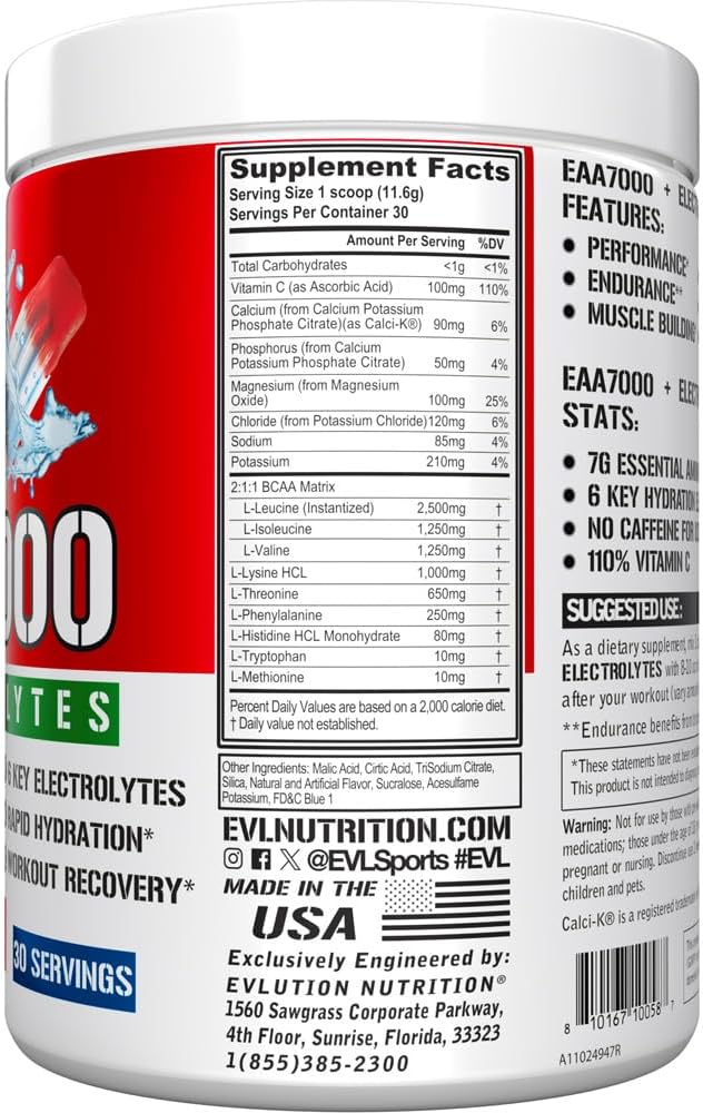 Evlution Nutrition EAA7000 + Electrolytes - Pre & Post Workout Powder - Muscle Building + Recovery Supplement - 7g EAAs + 5g BCAAs + 6 Key Electrolytes - Rapid Hydration - 30 Servings - Rocket Pop